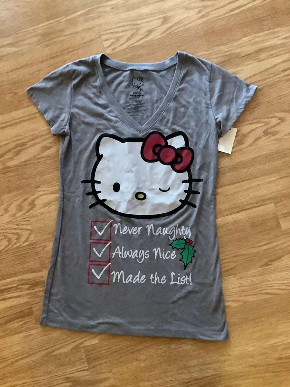 Hello Kitty Gray Tee with Pink Bow and Holiday Graphic